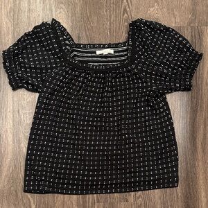 LOFT Black Dot-Grid Puff Sleeve Square Neck Top